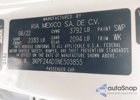 2022 Kia Forte Lxs из США, поврежденный, VIN 3KPF24AD1NE503855